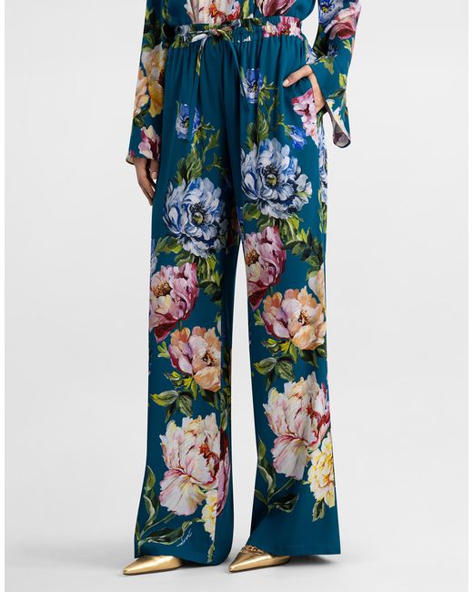 Dolce & Gabbana Blue Peony-Print Silk Vanity Trousers