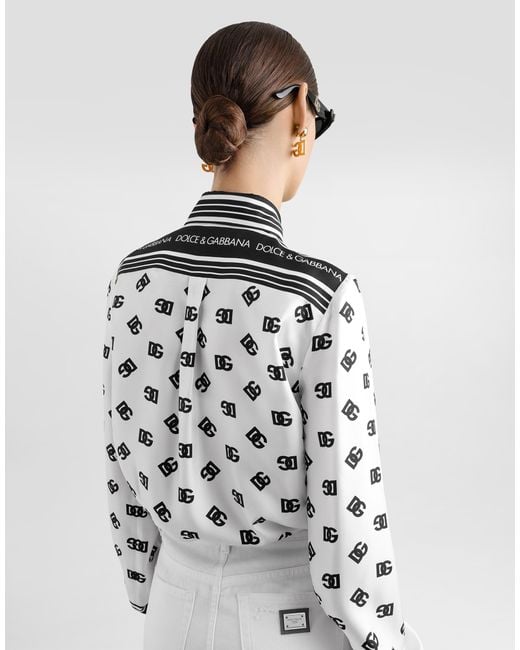 Camisa De Sarga De Seda Con Estampado Integral Dg Dolce & Gabbana de color Black