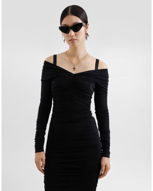 Dolce & Gabbana Black Organzine Draped Calf-Length Dress