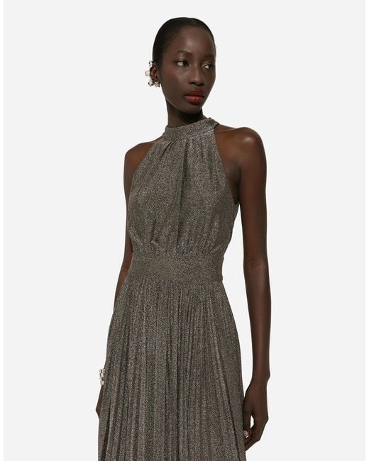Dolce & Gabbana Natural Pleated Jersey Lurex Calf-Length Dress