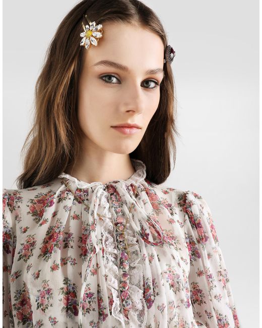Dolce & Gabbana White Small Flower Bouquets-Print Long Chiffon Dress