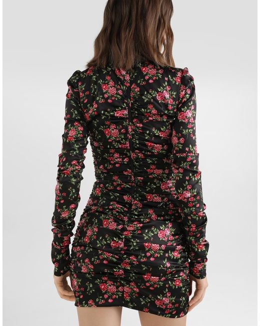Dolce & Gabbana Black Small Rose Bouquets-Print Long Satin Dress