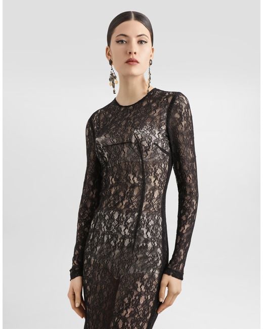 Dolce & Gabbana Black Calf-Length Floral Lace Dress