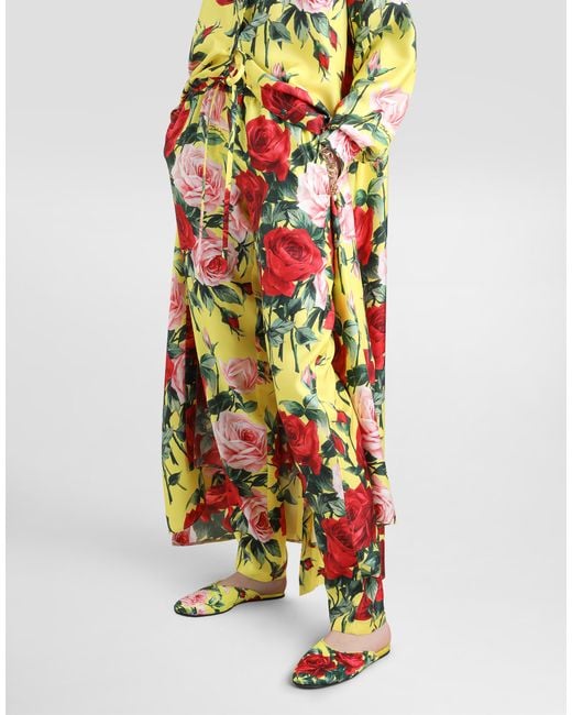 Dolce & Gabbana White Silk Twill Pants With Bouquet