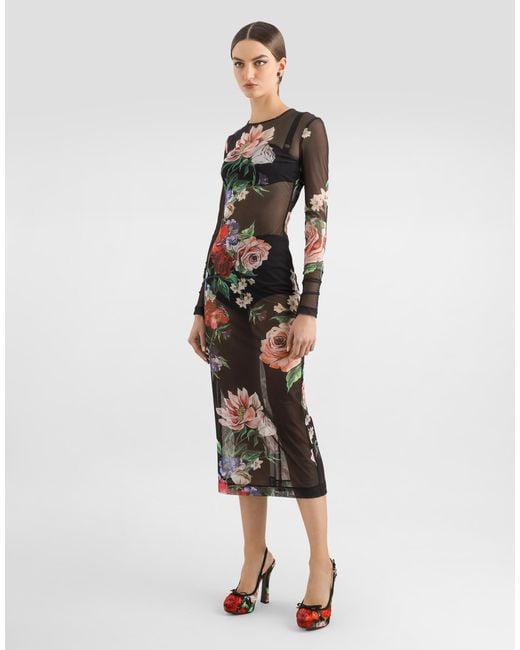 Dolce & Gabbana White Tulle Calf-Length Dress With Floral
