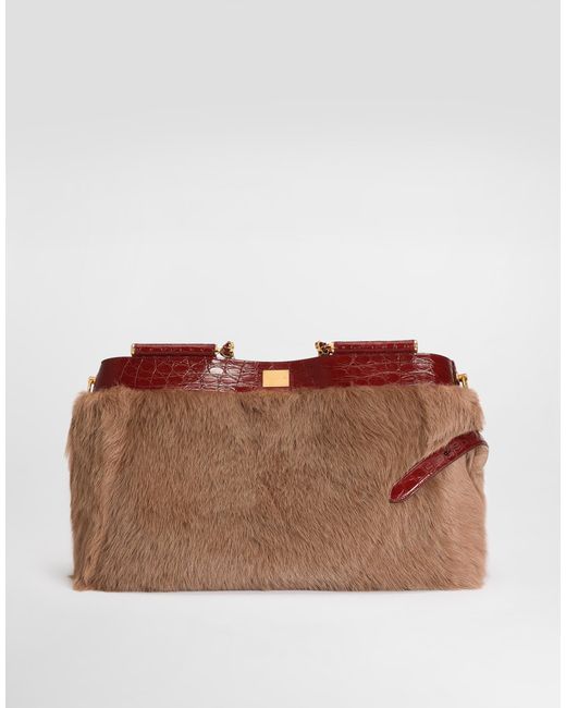 Dolce & Gabbana Brown My Sicily Shearling And Alligator Handbag