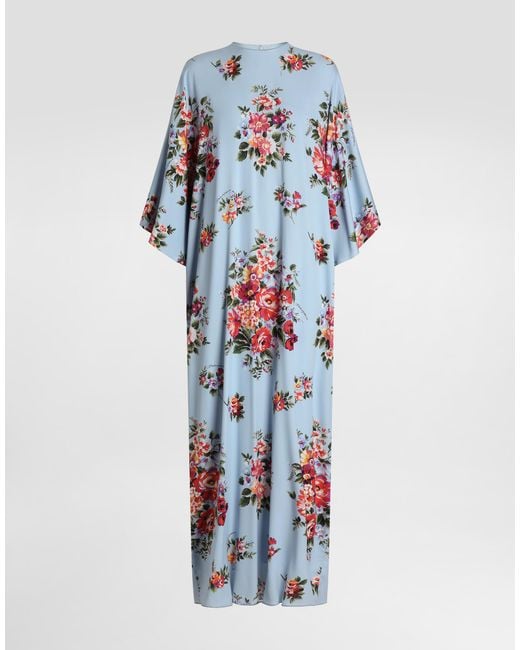 Dolce & Gabbana Blue Flower Bouquet-Print Long Charmeuse Dress