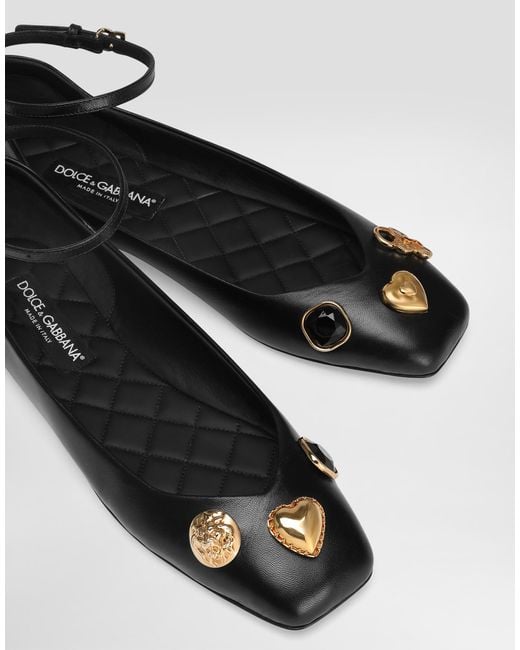 Dolce & Gabbana Black Leather Ballet Flats With Embroidery