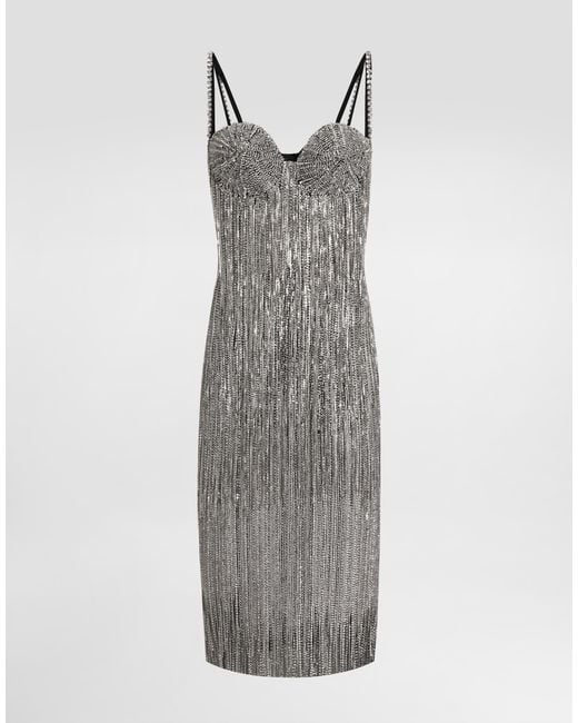 Dolce & Gabbana Gray Marquisette Calf-Length Dress With Sequined Fringing