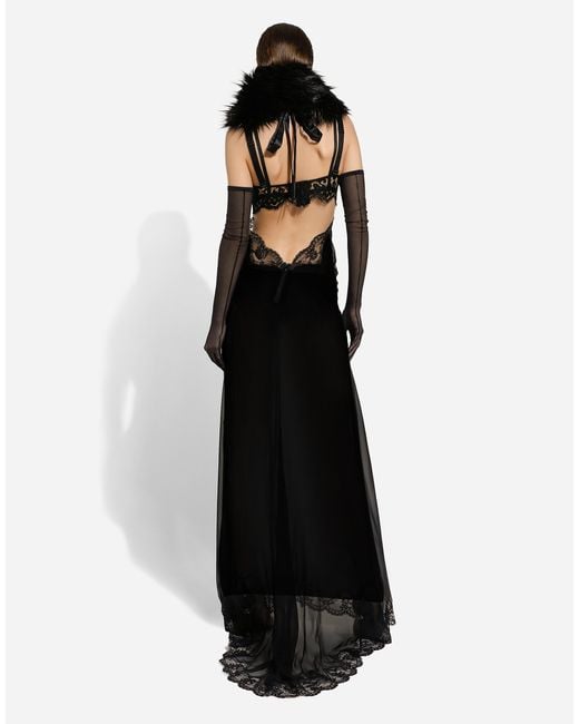 Dolce & Gabbana Black Long Silk Chiffon Dress With Lace Body