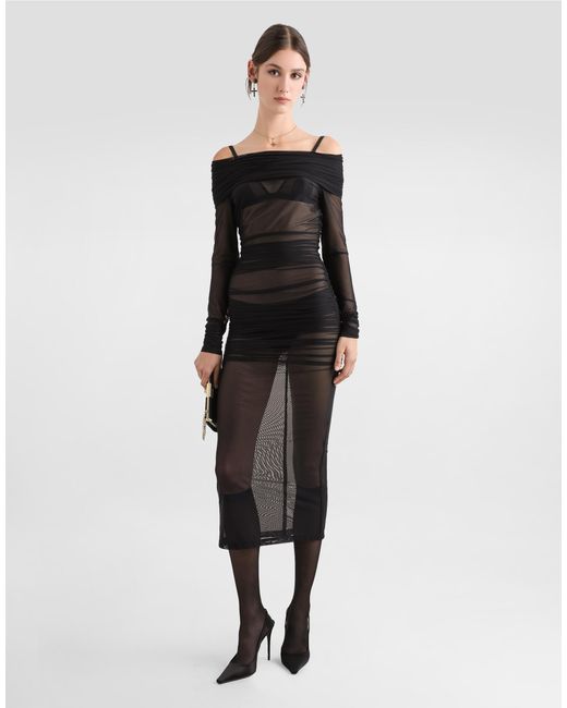 Dolce & Gabbana Black Drapiertes Longuette-Kleid Aus Tüll