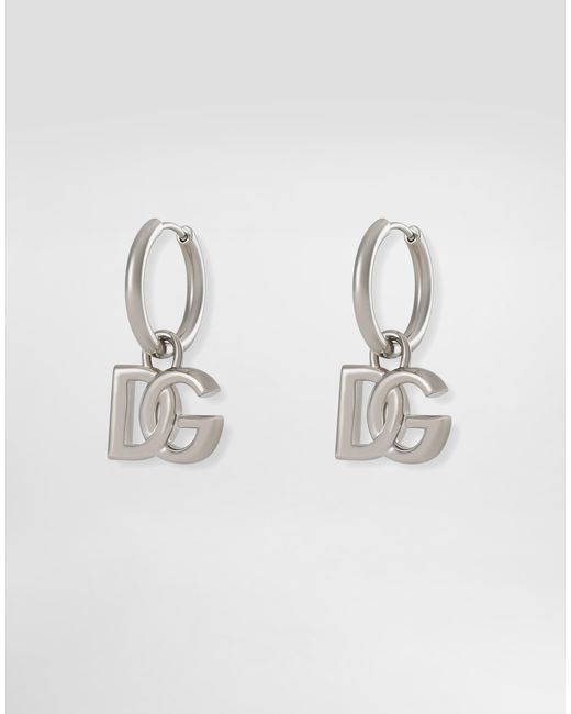 Dolce & Gabbana White Hoop Earrings With Dg Logo Pendants for men