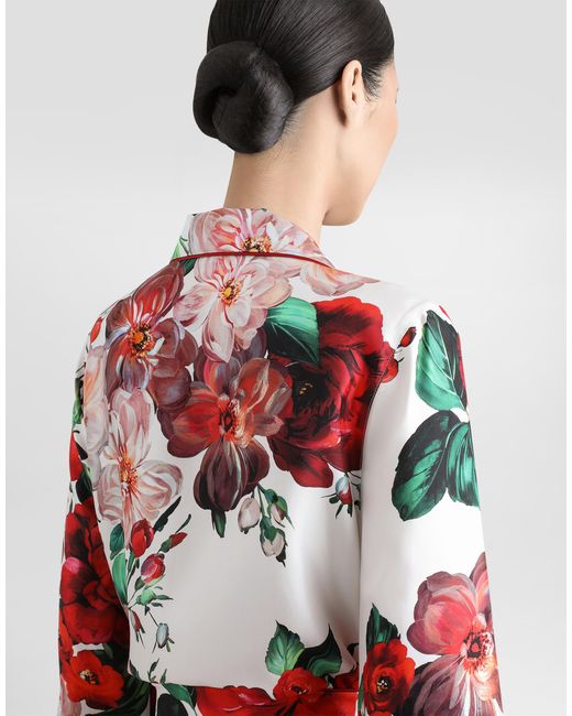 Dolce & Gabbana Red Langarm-Pyjamabluse Aus Twill Rosenprint