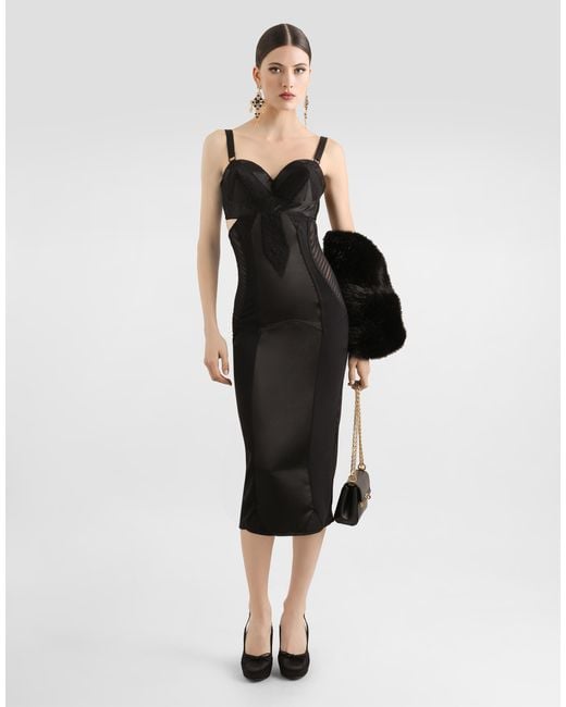 Dolce & Gabbana Black Calf-Length Satin And Lace Dress With Corset Details