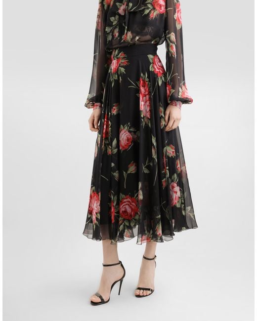 Dolce & Gabbana White Rose Bouquet-Print Chiffon Circle Skirt