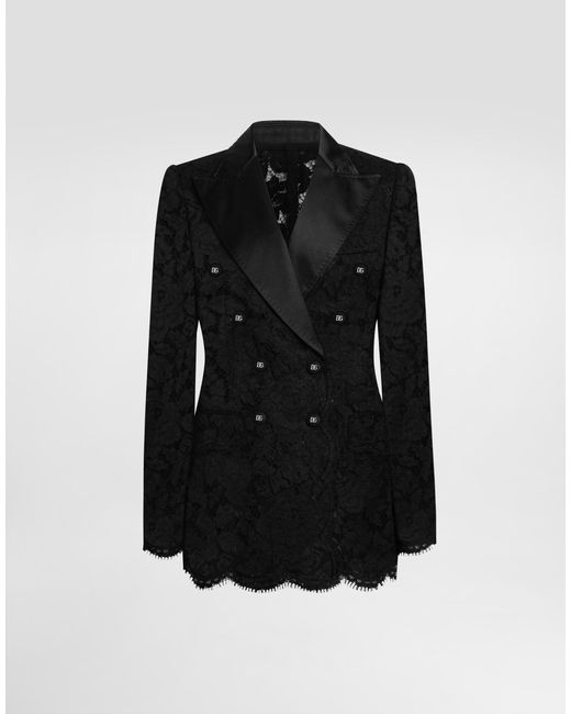 Dolce & Gabbana Black Double-Breasted Branded Floral Cordonetto Lace Turlington-Fit Jacket