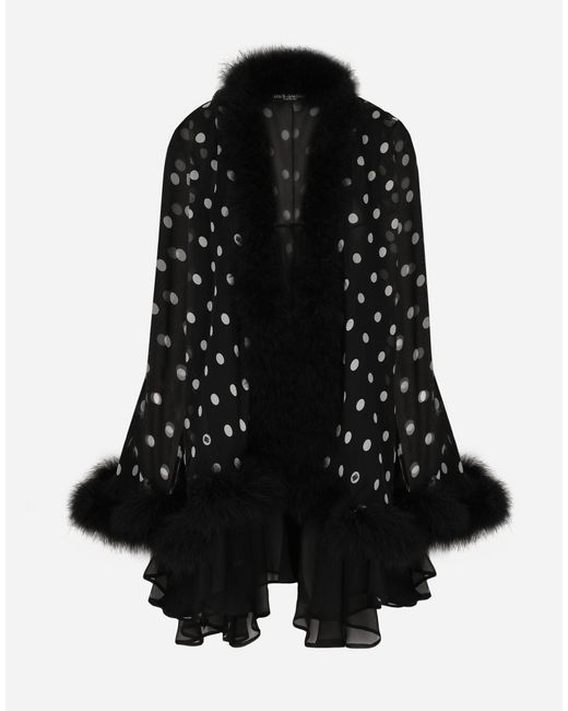 Dolce & Gabbana Black Cape Aus Chiffon Punkteprint Mit Marabufederbesatz