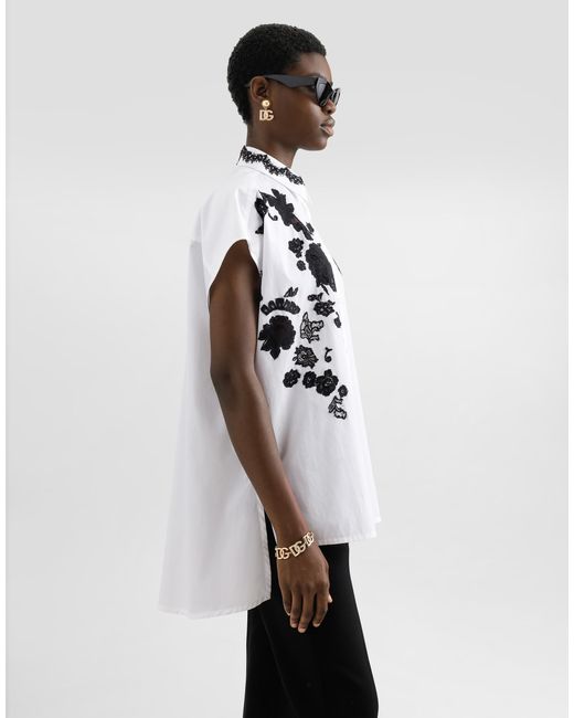 Dolce & Gabbana White Oversize Cotton Poplin Shirt With Lace Appliqués