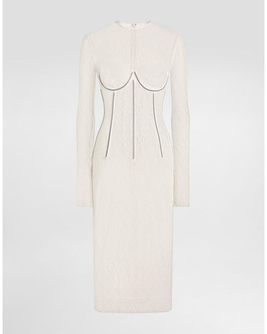 Dolce & Gabbana Natural Lace Calf-Length Dress With Corset Detailing