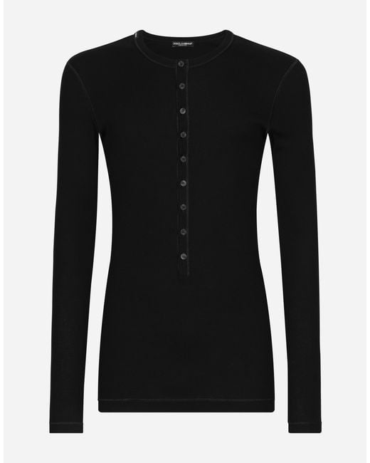 Dolce & Gabbana Black Long-sleeved Granddad-neck T-shirt In Washed Fine-rib Cotton for men