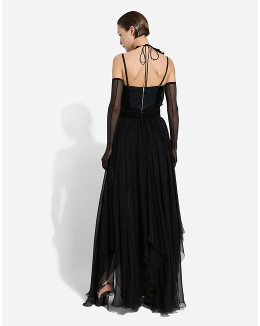 Dolce & Gabbana Black Long Silk Chiffon Dress With Floral Appliqué
