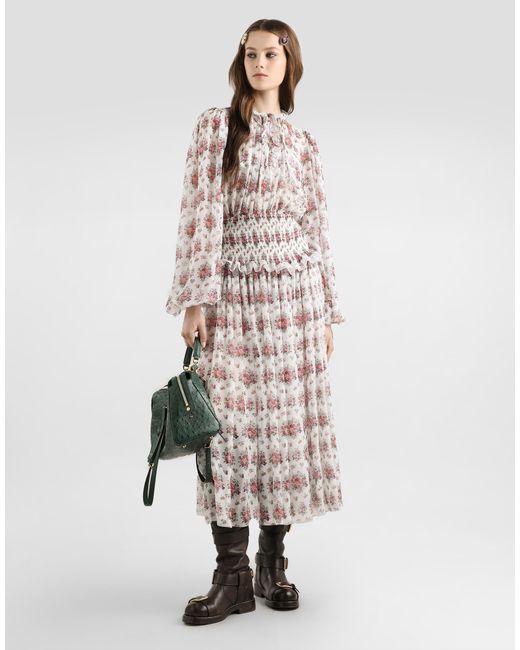 Dolce & Gabbana White Small Flower Bouquets-Print Long Chiffon Dress
