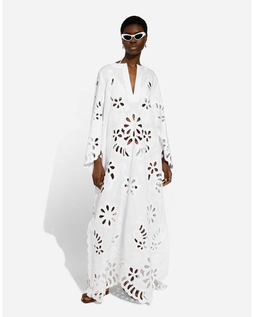 Dolce & Gabbana White Long Cotton Caftan With Cut-Out Detailing