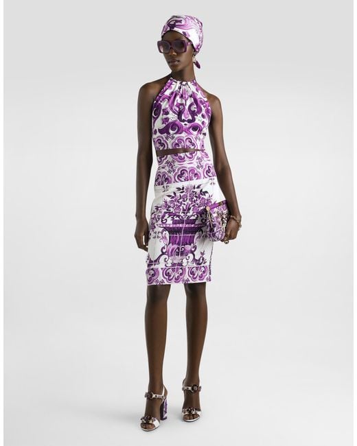 Dolce & Gabbana Purple Maiolica Silk Pencil Skirt