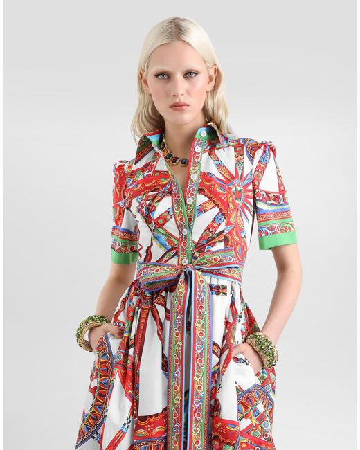 Dolce & Gabbana Red Carretto-Print Poplin Shirt Dress