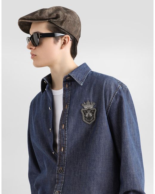 Dolce & Gabbana Blue Denim Shirt With Heraldic Emblem for men