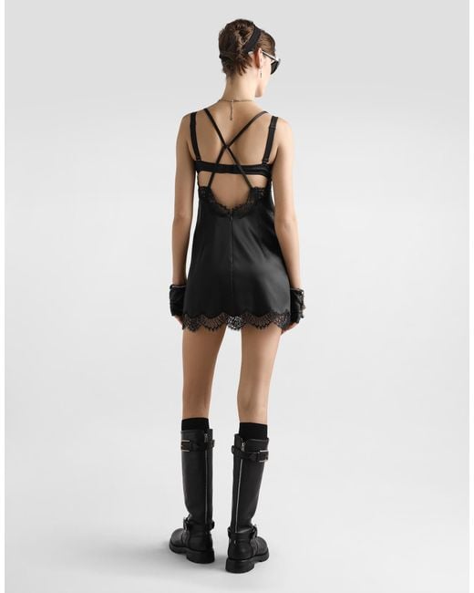 Dolce & Gabbana Black Lace-Trimmed Satin Slip Dress