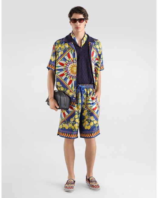 Dolce & Gabbana Blue Carretto-Print Hawaii Silk Twill Shirt for men
