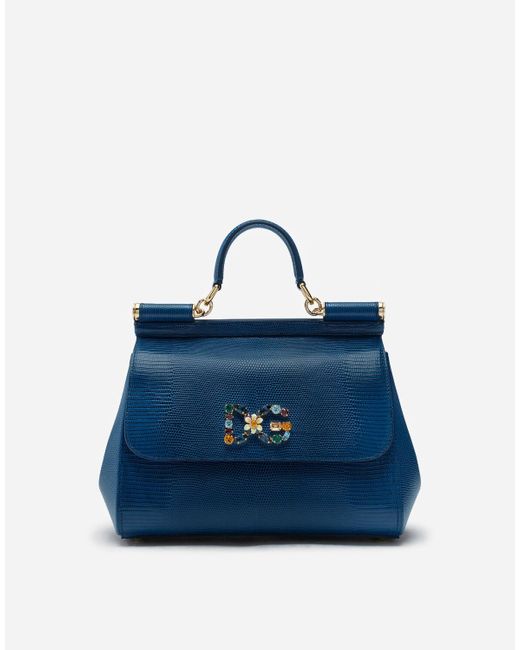 Dolce & Gabbana Blue Medium Iguana Print Calfskin Sicily Bag With Crystal Dg Logo Patch