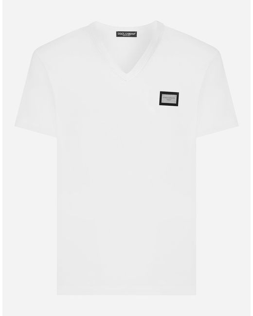 Dolce & Gabbana White Cotton V-Neck T-Shirt With Branded Tag for men
