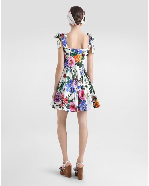 Vestido Corto De Algodón Con Lazos Y Estampado De Flores Dolce & Gabbana de color White