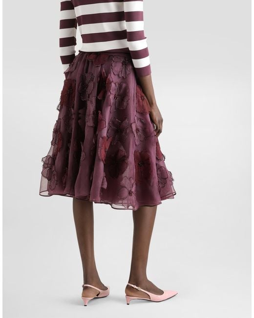 Dolce & Gabbana Purple Organza Midi Circle Skirt With Floral Embroidery