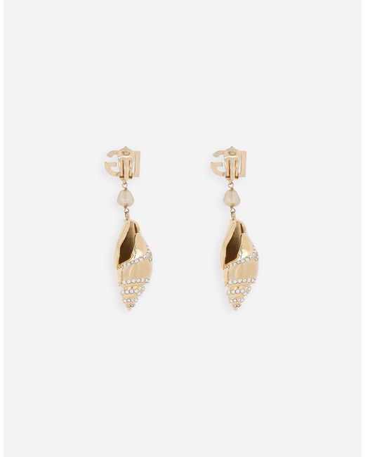 Dolce & Gabbana White Earrings With Rhinestone-Detailed Shell And Dg Logo