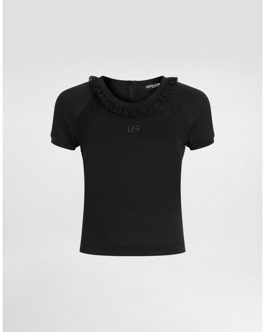 Dolce & Gabbana Black Jersey T-Shirt With Lace And Embroidery