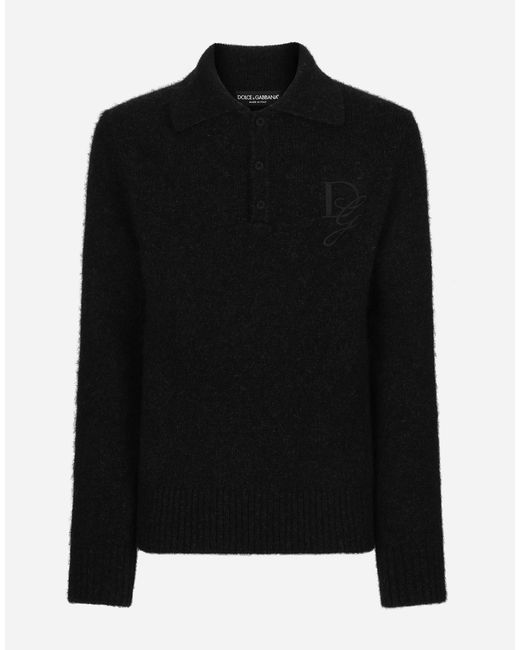 メンズ Dolce & Gabbana エンブロイダリーロゴ ウール ロングスリーブ ポロシャツ Black