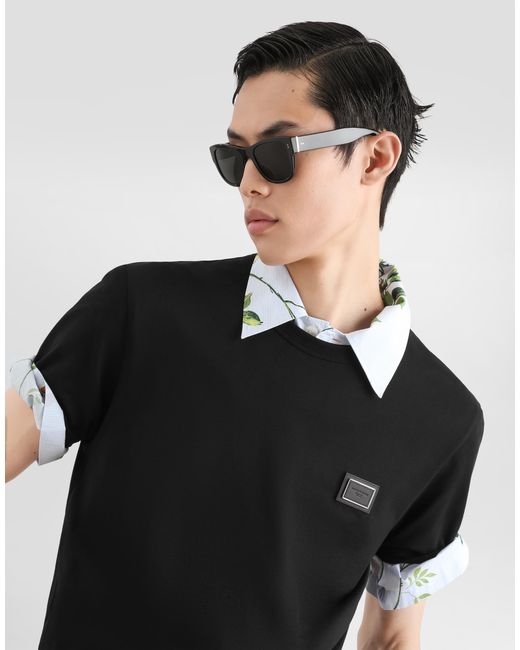 Dolce & Gabbana Black Cotton T-Shirt With Logo Plate for men