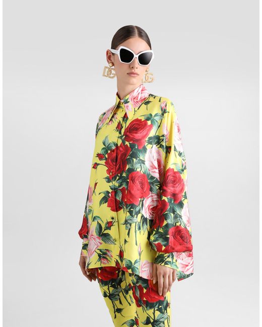 Dolce & Gabbana Gray Oversize-Bluse Aus Seidentwill Bouquet-Print