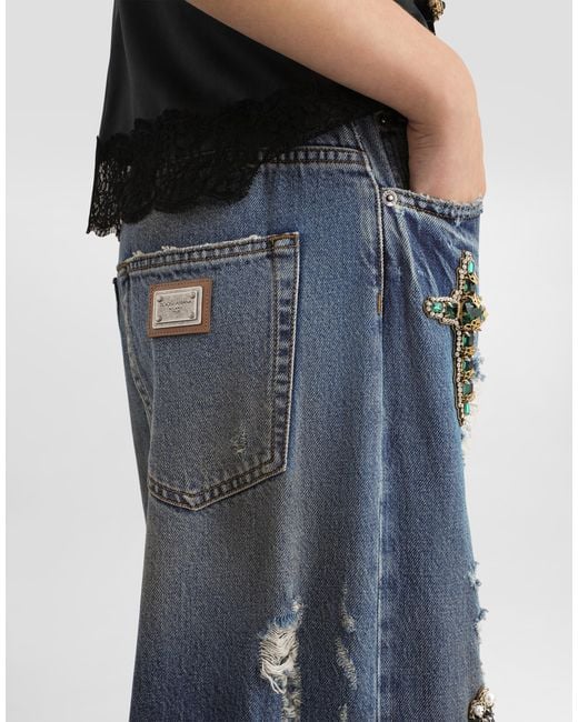Dolce & Gabbana Blue 5-Pocket Denim Trousers With Emrboidery