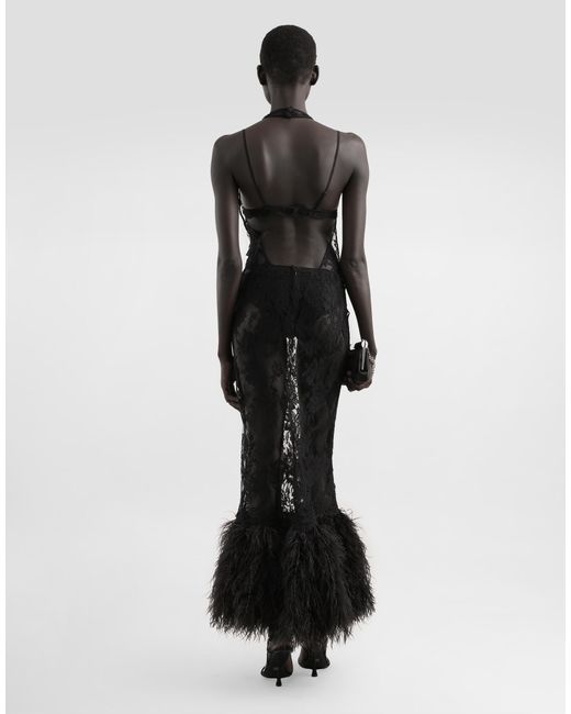 Dolce & Gabbana Black Lace Dress With Ostrich Feathers
