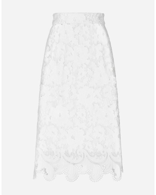 Dolce & Gabbana White Cotton Midi Skirt With Floral Openwork Detailing