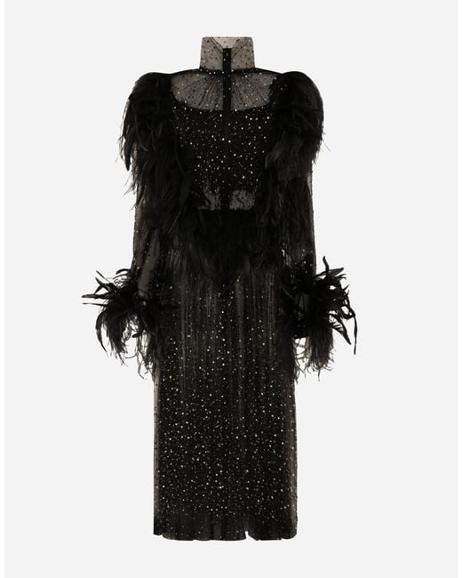 Dolce & Gabbana Black Calf-Length Stretch Tulle Dress With Fusible Rhinestones And Rooster And Ostrich Feather Embellishment