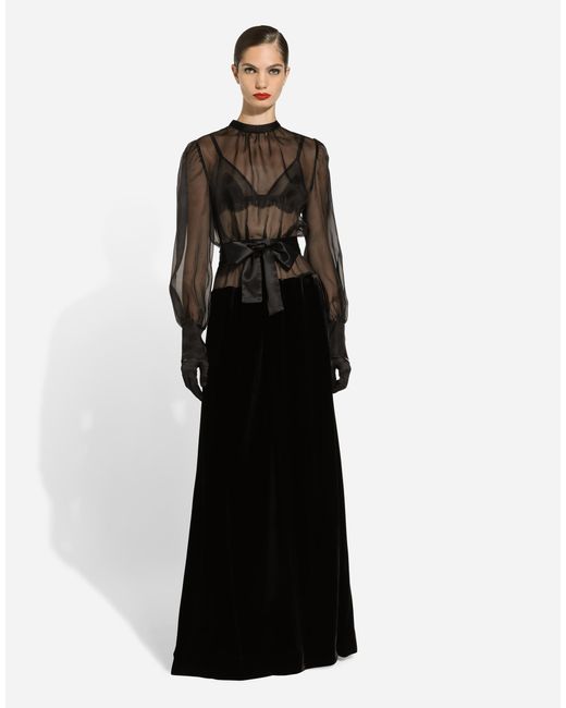 Dolce & Gabbana Black Silk Organza Velvet Maxi Dress