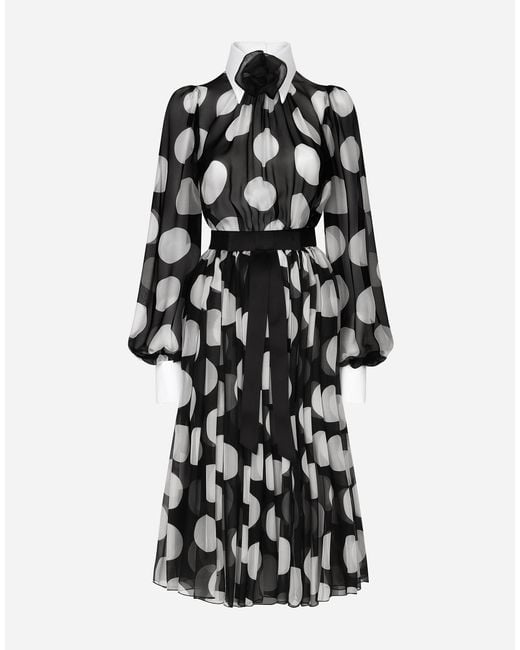 Dolce & Gabbana Black Polka Dot Long Sleeve Belted Chiffon Midi Dress