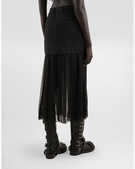 Dolce & Gabbana Black Twill Midi Skirt With Chiffon