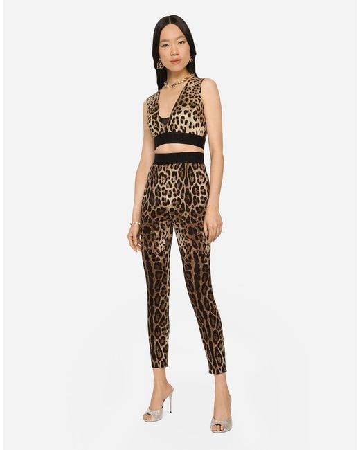 Dolce & Gabbana White Leopard-Print Charmeuse Leggings