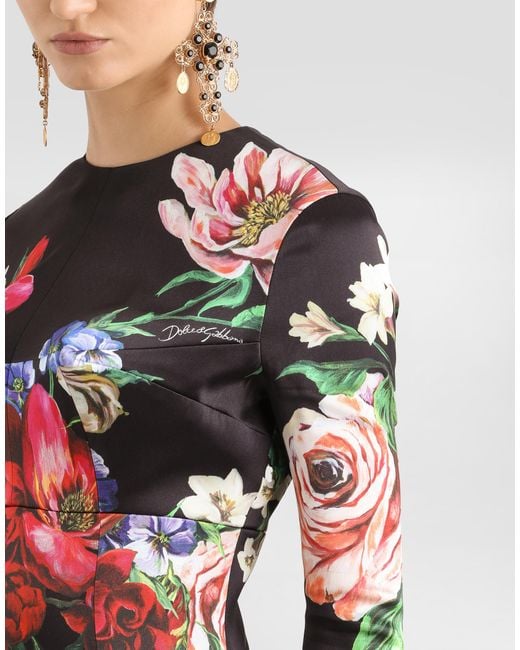 Dolce & Gabbana White Satin Calf-Length Round-Neck Dress With Floral